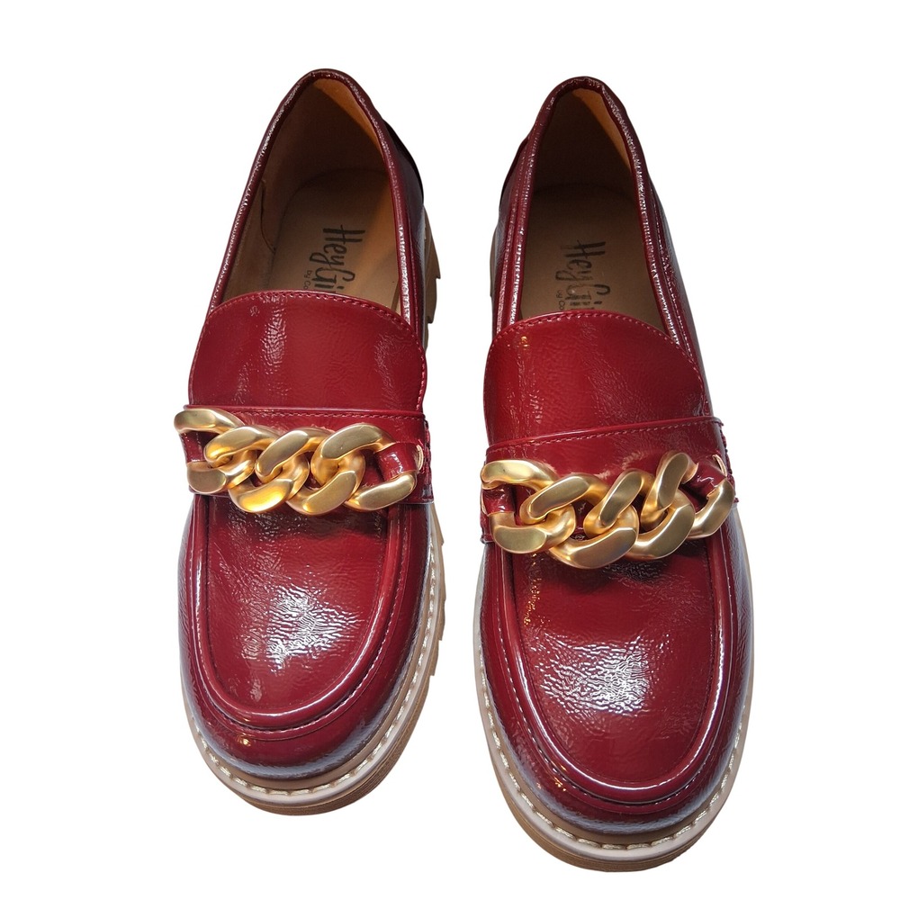 Hey Girl by Corkys Red Patent Chain Link Lug Sole Loafers Womens Size 8